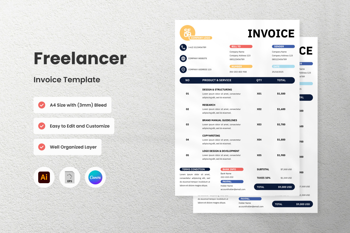3 Set Freelancer Invoice Template V4, a Print Template by twinstd (Photo 3 of 3)