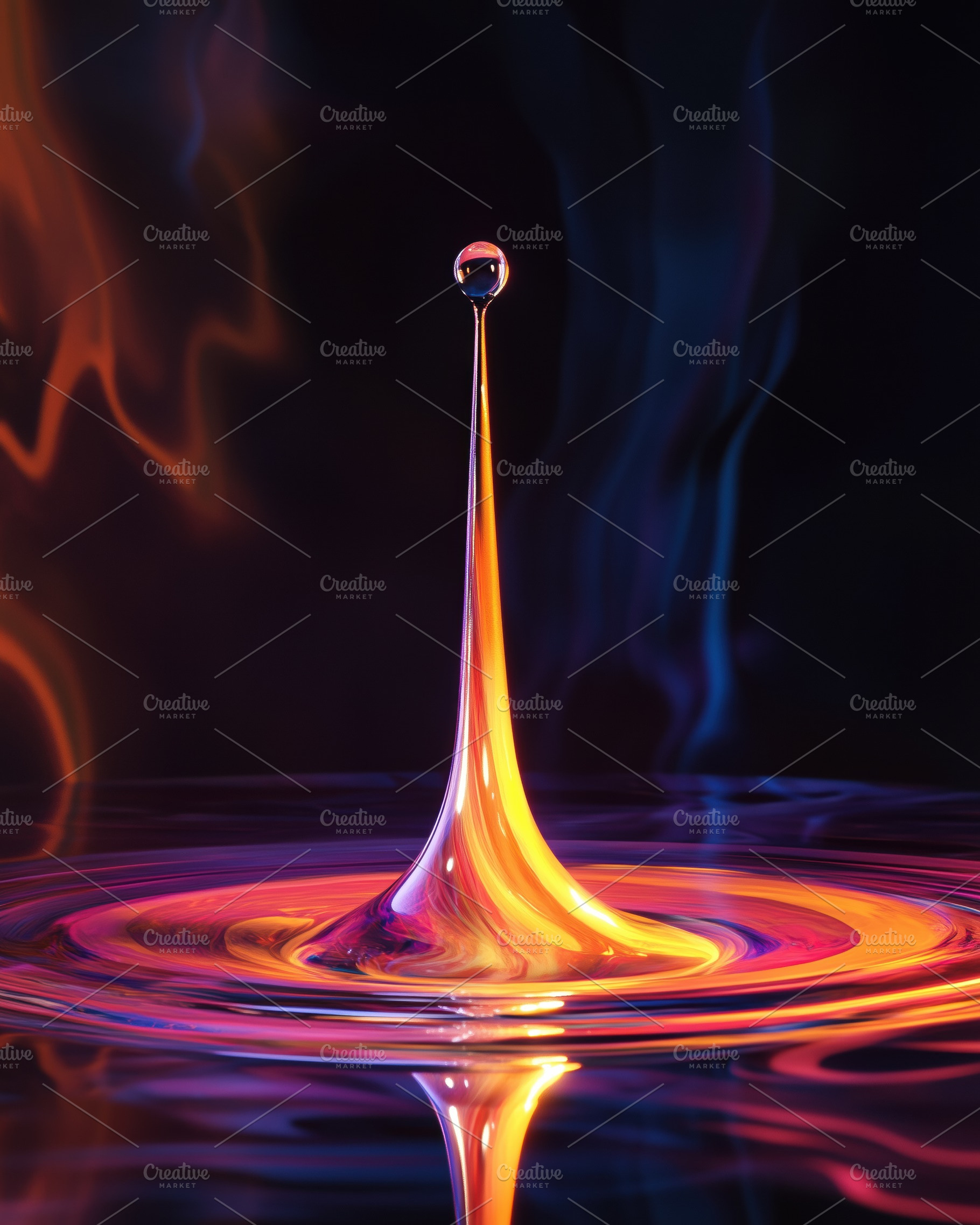 A vibrant, colorful water droplet creating ripples on a dark background. The dr, a Photo by Textures & Backgrounds