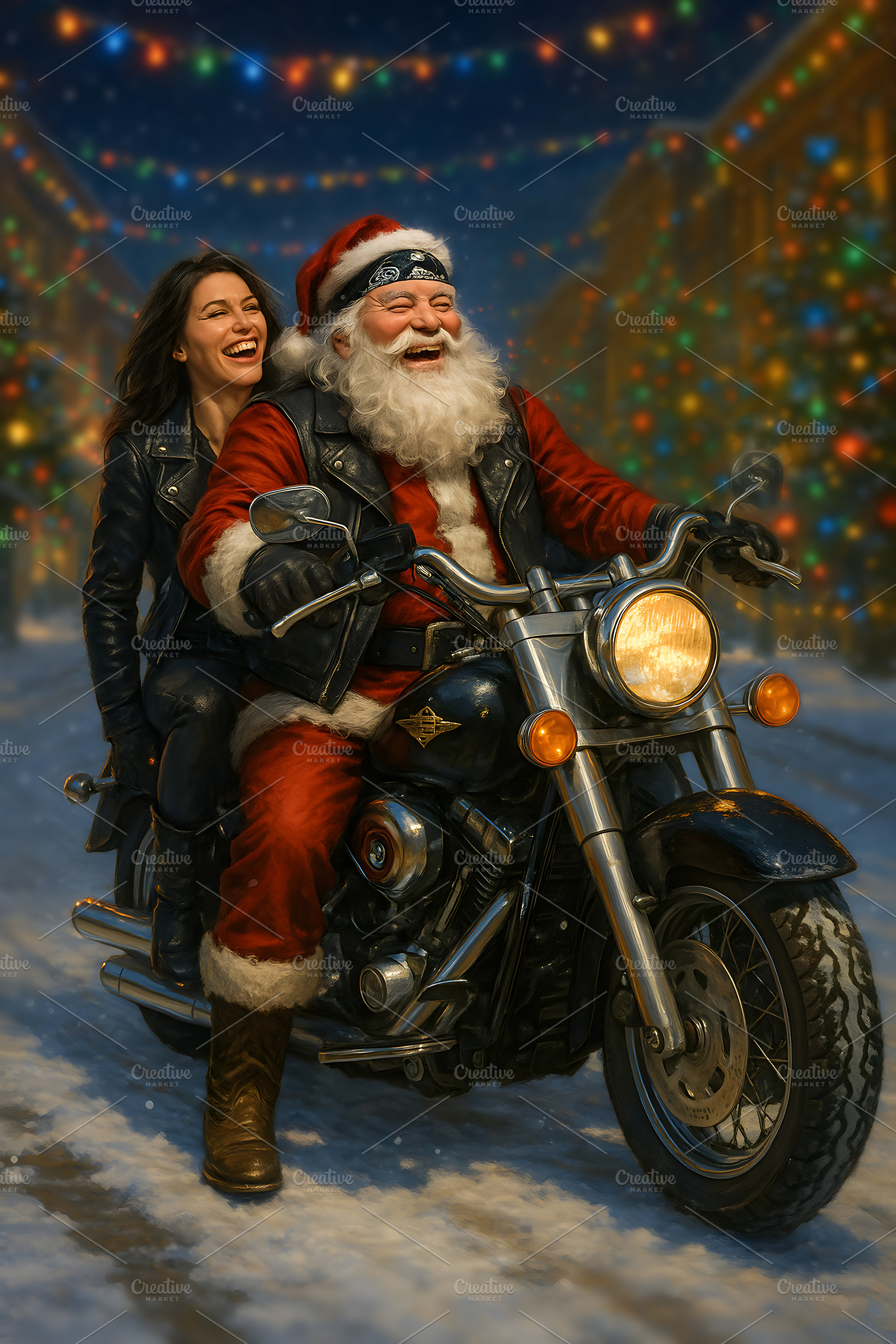 Santa Claus riding motorcycle with woman passenger on snowy stre, a Holiday Photo by GoodGoods