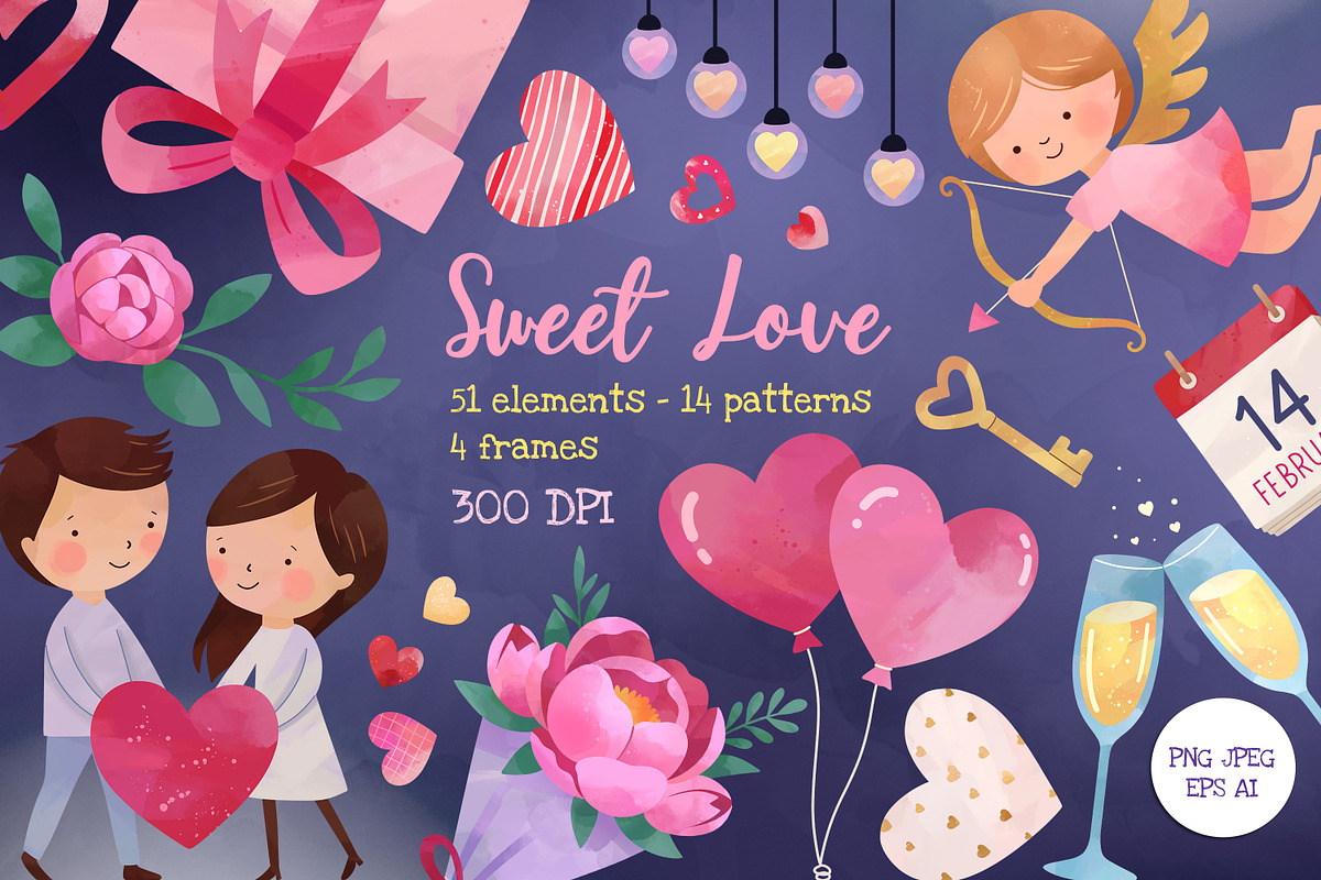 Valentine’s Day Watercolor Love Set, an Illustration by Hanna's ArtLab (Photo 1 of 7)