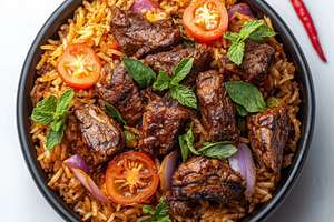 Delicious mutton biryani with rice a, a Food & Drink Photo by Pixeness Studio