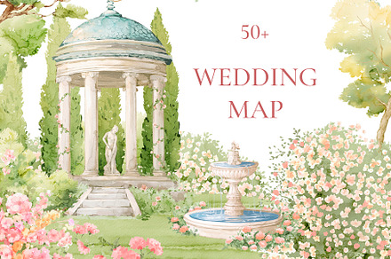 Wedding Map 50 Watercolor Clipart, a Decorative Illustration by Ekaproeka