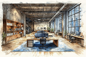Modern coworking office interior featuring open space with industrial style des, a Photo by AS photostudio