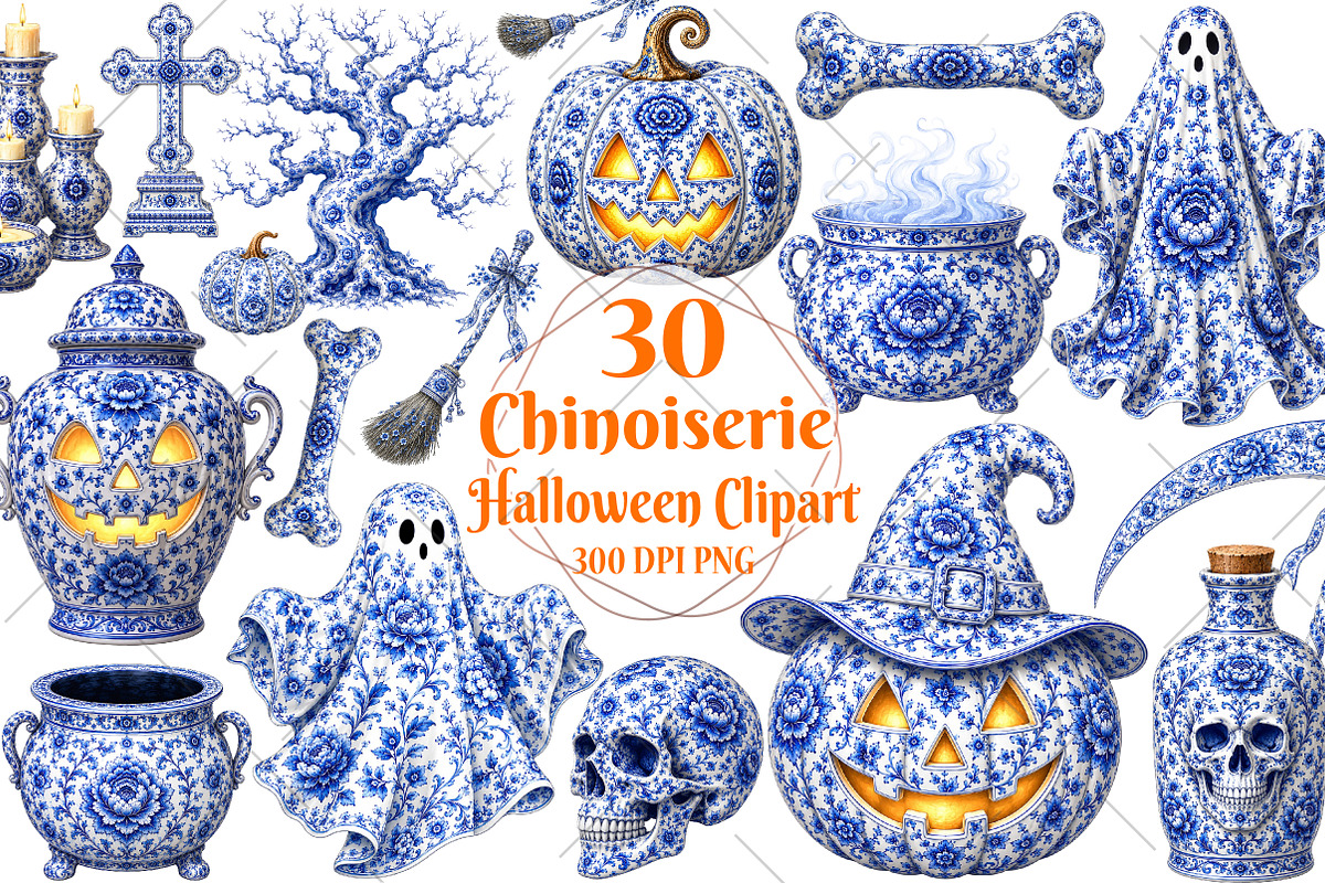 Blue Chinoiseries Halloween Clipart, a Seasonal Illustration by OK Design (Photo 1 of 6)
