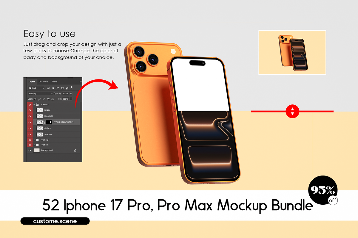52 iphone 17 Pro, Pro Max Mockup Set, an iPhone Mockup by Custom.scene (Photo 1 of 17)
