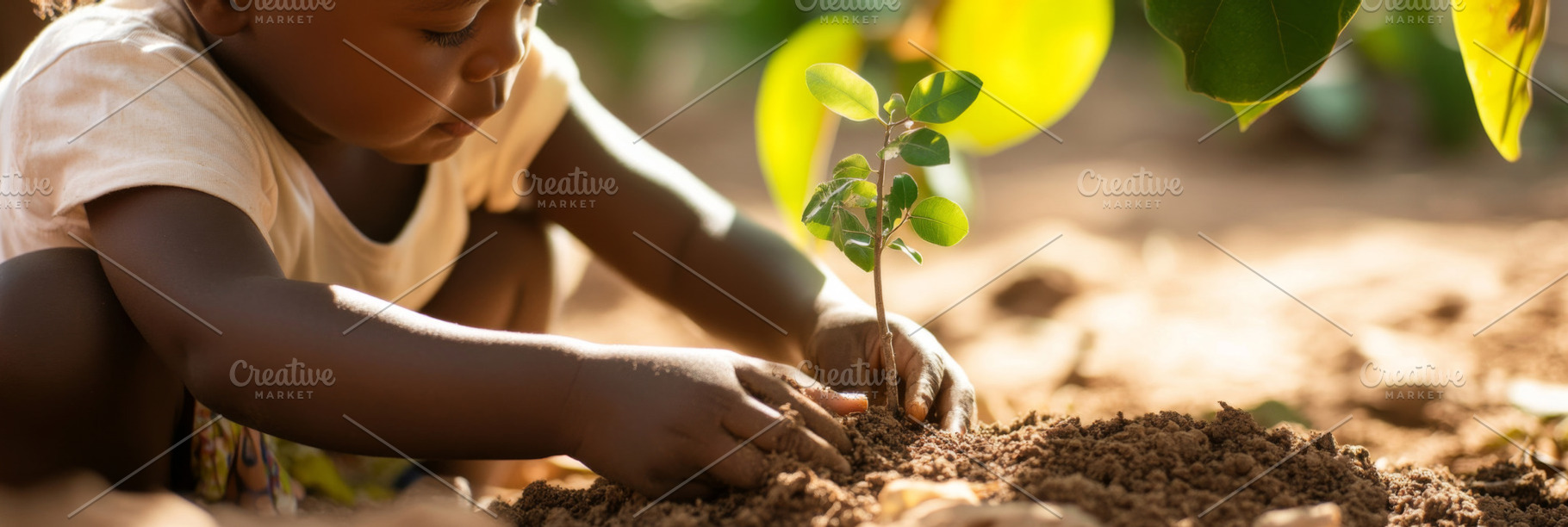 African child planting seedling in sunlight, concept of growth a, a Photo by Dvoevnore photos