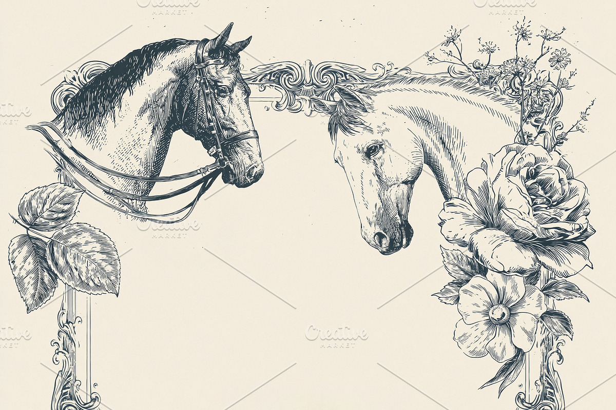 Equestrian themed vintage botanical frame with horse heads, sadd, an Illustration by Studio ANNA