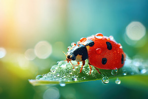 Close-up of a ladybug on a leaf with water droplets, an Animal Photo by AlyaAnd