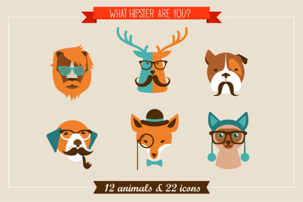Hipster Animals & 22 icons, an Animal Illustration by Marish (Photo 1 of 5)