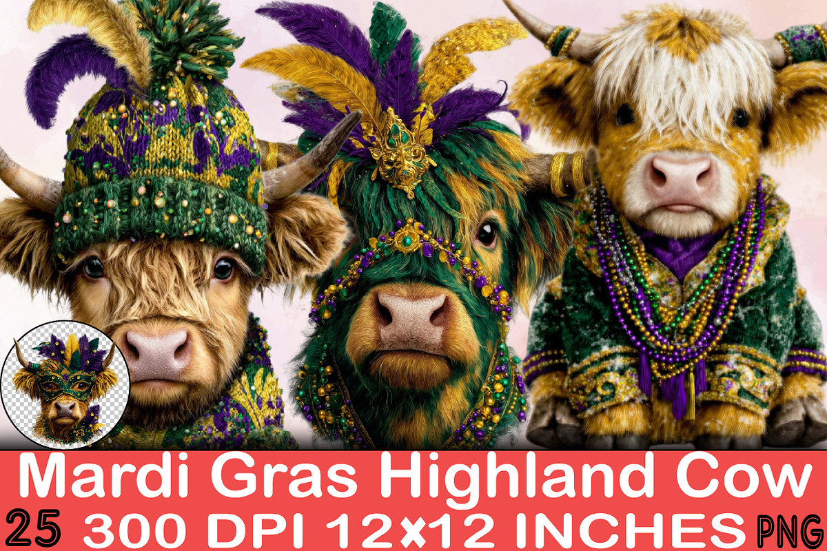 Cute Mardi Gras Highland Cow Clipart, an Illustration by SVGArt (Photo 1 of 7)