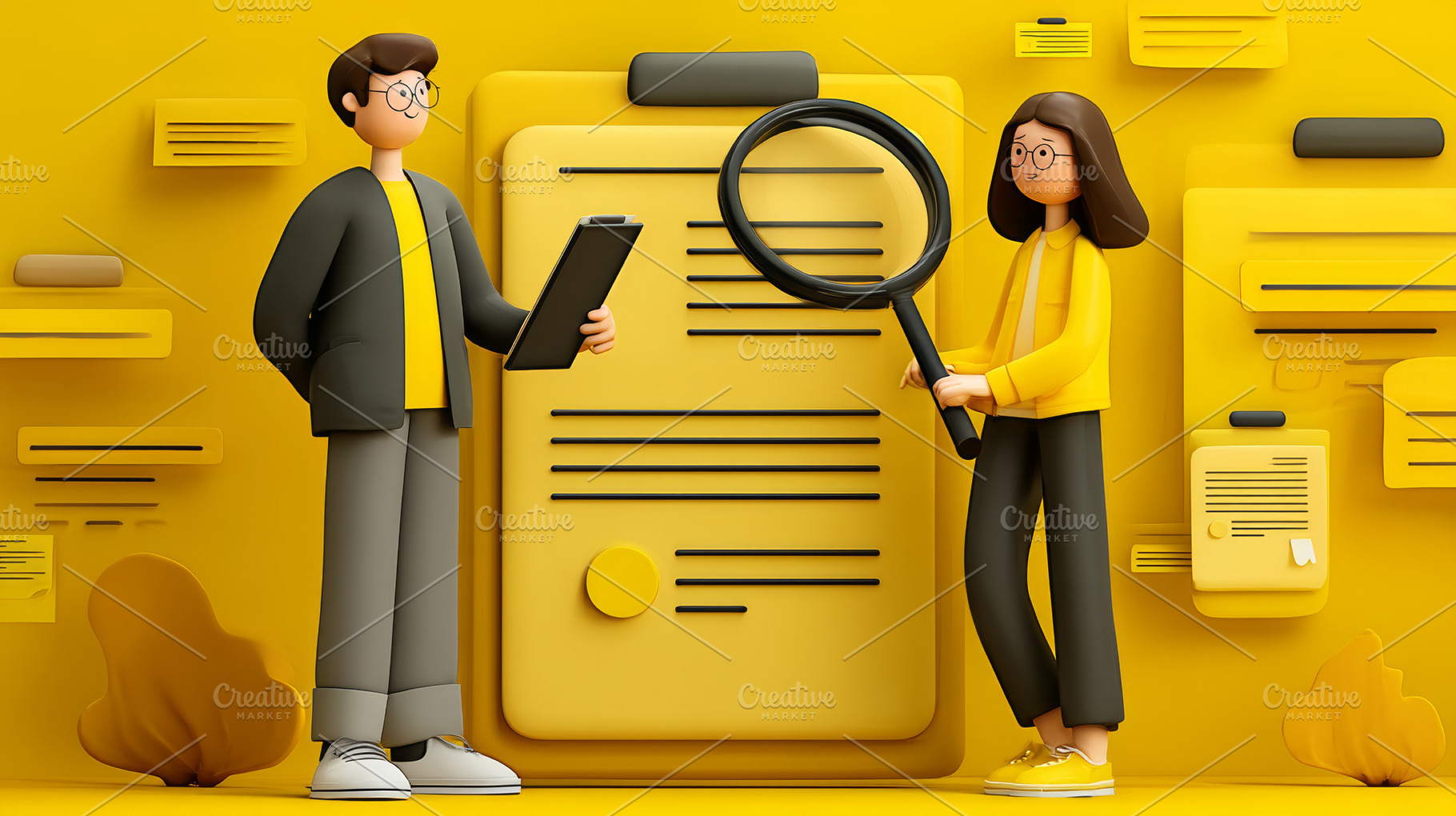 Two colleagues conducting a performance review with clipboard and magnifying gl, a Photo by AS photostudio