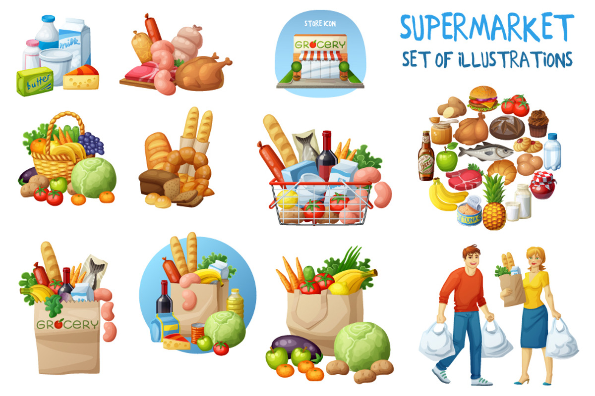 Supermarket food vector illustration, a Food Illustration by Ann-zabella