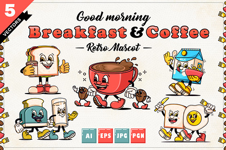 Breakfast & Coffee Character Mascots, a Food Illustration by Kevyn Creative