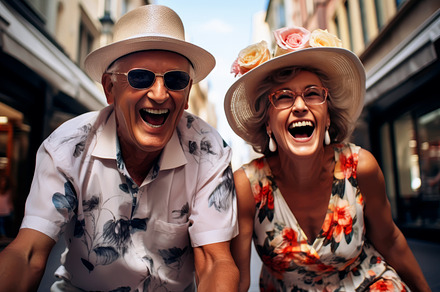 Joyful senior man and woman share, a Holiday Photo by angellodeco