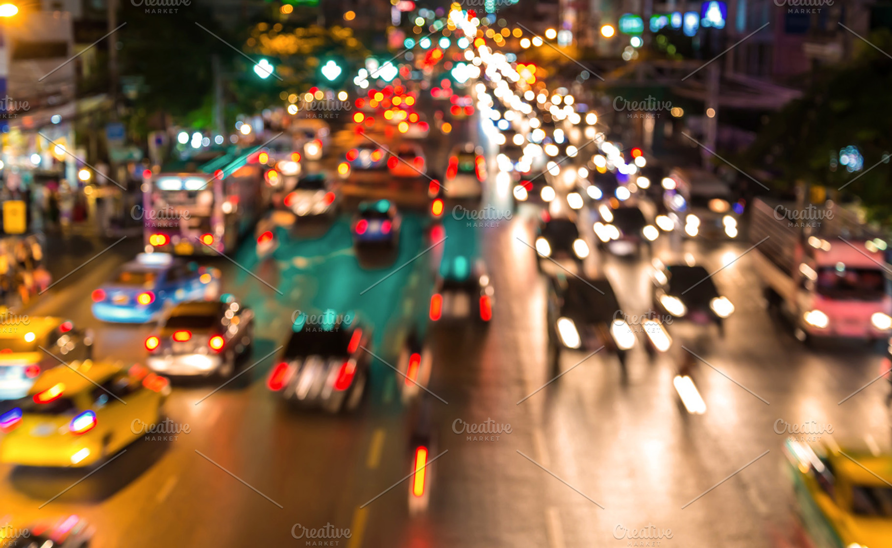 Blur bokeh of evening traffic jam featuring traffic, jam, and bokeh, a Transportation Photo by Casanowe-studio