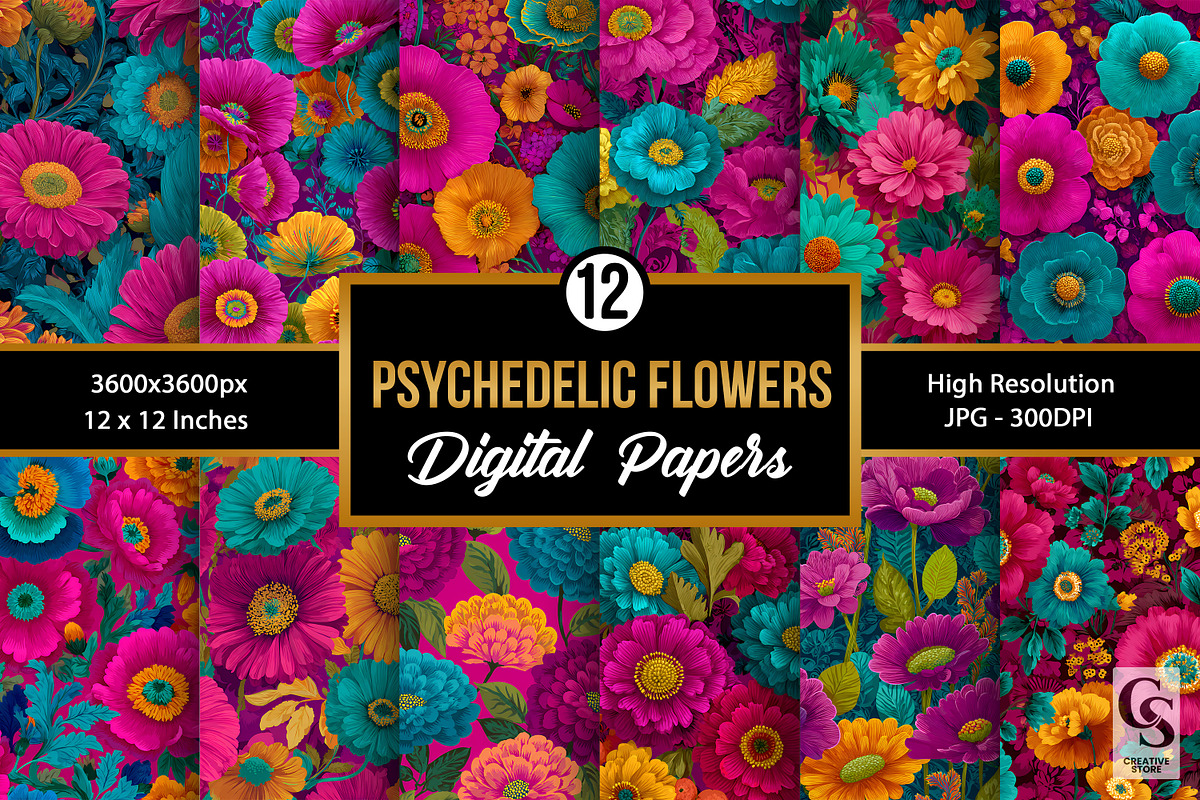 Bright Psychedelic Flowers Pattern, a Pattern Graphic by Creative Store (Photo 1 of 5)