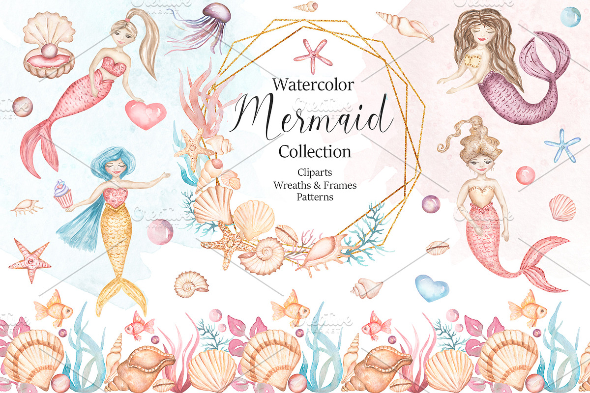 Watercolor Mermaid Collection, an Animal Illustration by MayaNavits (Photo 1 of 15)