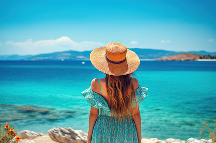 Woman in summer hat looking at the sea. Happy freedom lifestyle. Generative AI, a Person Photo by AlyaAnd