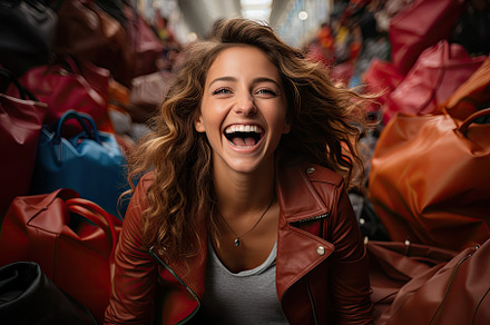Happy girl laughing surrounded by nu, a Photo by SaroStock