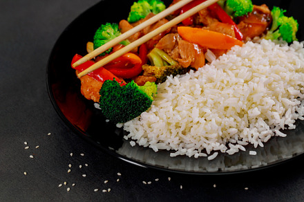 Rice with teriyaki chicken in, a Food & Drink Photo by Ungvar Studio
