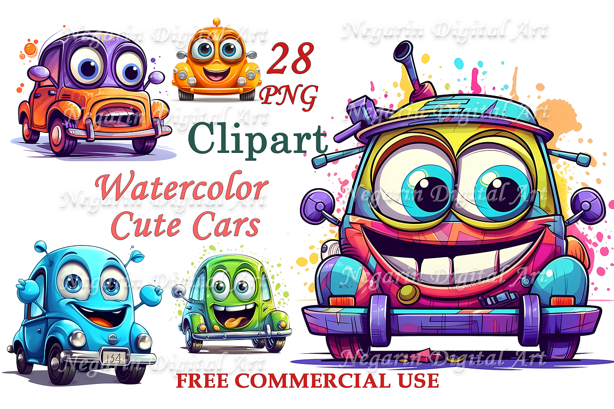 Watercolor Cute Little Cars Cliparts, a Background Graphic by Negarin Digital Art (Photo 1 of 11)