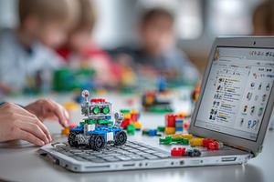 Child playing with Lego robot on lap, a Photo by Pixeness Studio