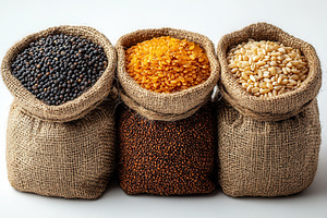 Variety of lentils and seeds in burl, a Photo by Tanuart
