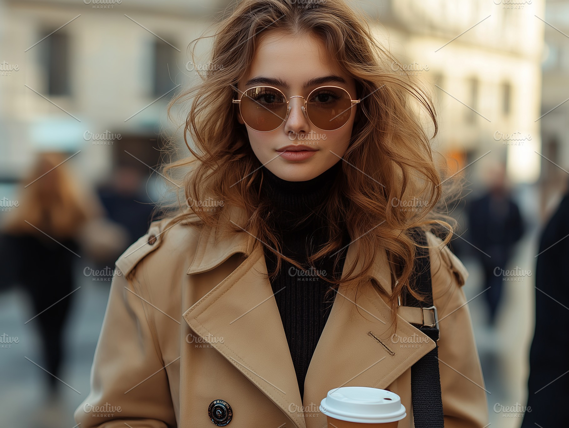 A young Caucasian woman in stylish sunglasses and a beige trench coat holds a c, a Person Photo by ImageMir