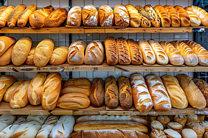 Different kinds of baked bread on shelves in bakery shop, a Food & Drink Photo by AlyaAnd