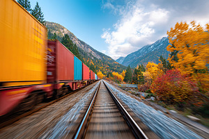 Container train moves through autumn landscape with colorful foliage and mounta, a Transportation Photo by AlyaAnd