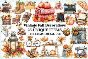 Vintage Fall Decorations Clipart, an Illustration by Craft Nest