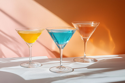 Three elegant cocktails in martini glasses, featuring vibrant colors: yellow, b, a Food & Drink Photo by Textures & Backgrounds