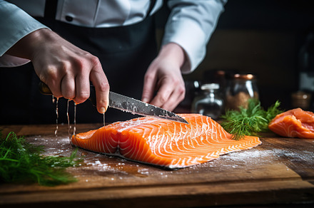 Chef cooking fresh salmon with knife on wooden board, a Food & Drink Photo by AlyaAnd