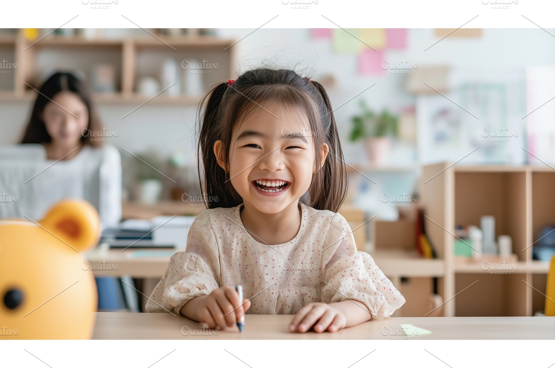 Smiling Asian girl with pigtails, a School & Education Photo by Sergey Kotenev