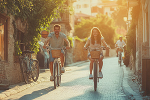 A girl and a man enjoy a fun bicycle, a Photo by Pavel_design