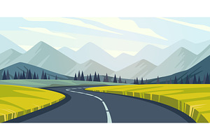 Landscape with road and mountains in, an Illustration by YummyBuum