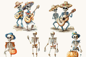 Watercolor Cute Skeleton Clipart