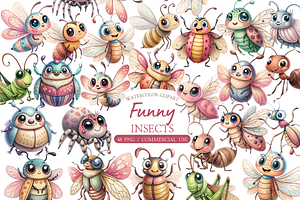 Watercolor Funny Insect Clipart, an Illustration by MockupWizard