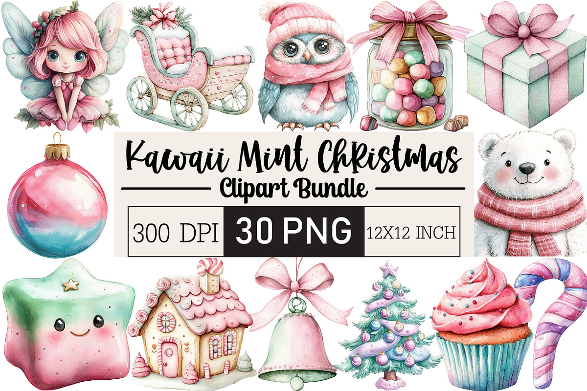 Kawaii Pink Mint Christmas Clipart, an Illustration by Black Bird Studio (Photo 1 of 6)