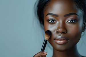 Portrait of african american woman with clean healthy skin holding cosmetic bru, a Beauty & Fashion Photo by AlyaAnd