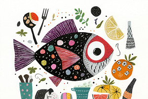 Cute cartoon fish, other ingredients, an Animal Illustration by Sybillla