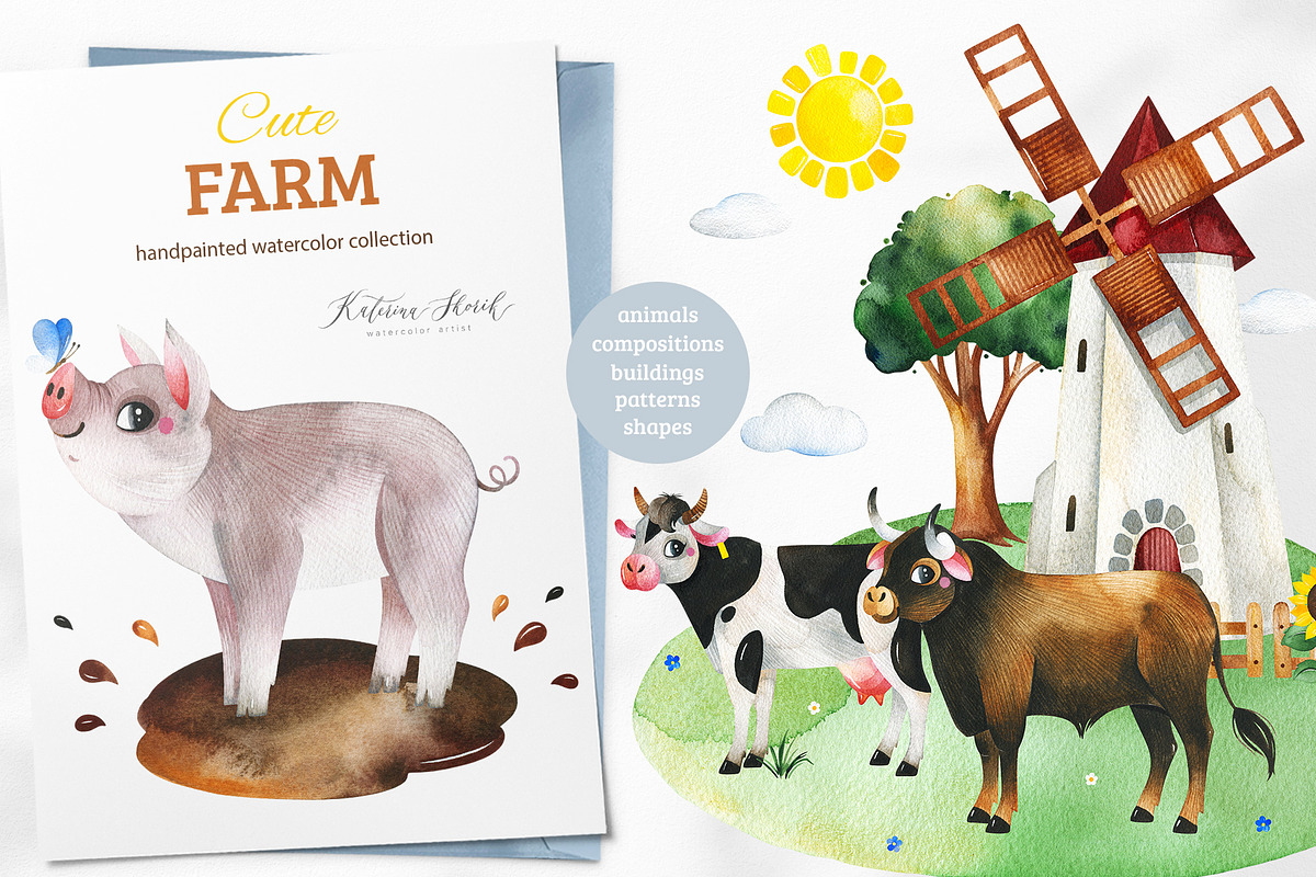 Watercolor Farm Collection., an Animal Illustration by Kate_Rina (Photo 1 of 9)