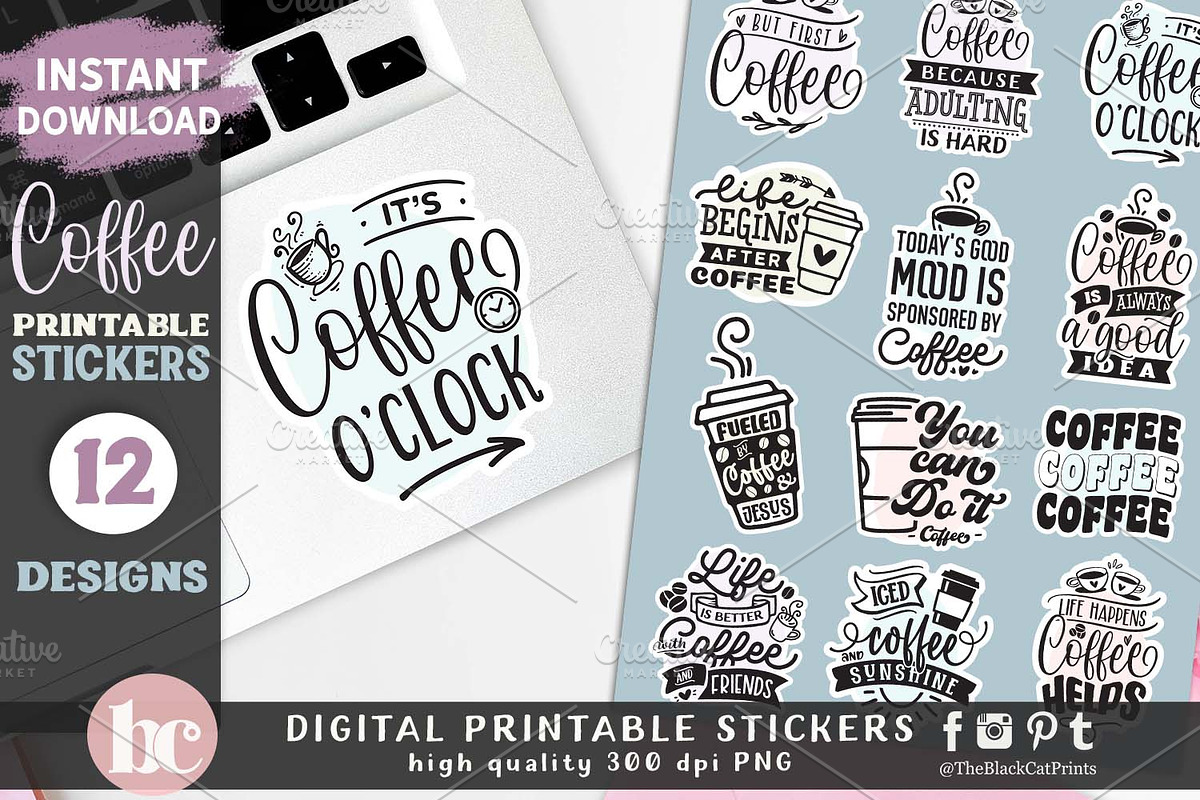 Funny Coffee Lover Stickers PNG, a Food Illustration by TheBlackCatPrints (Photo 2 of 3)