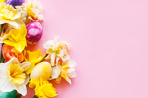 Happy Easter! Colorful Easter eggs with daffodils flowers flat l, a Holiday Photo by Sonjachni