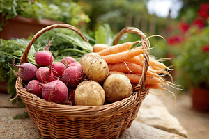 Fresh garden vegetables in a woven basket ready for harvest, a Food & Drink Photo by AlyaAnd