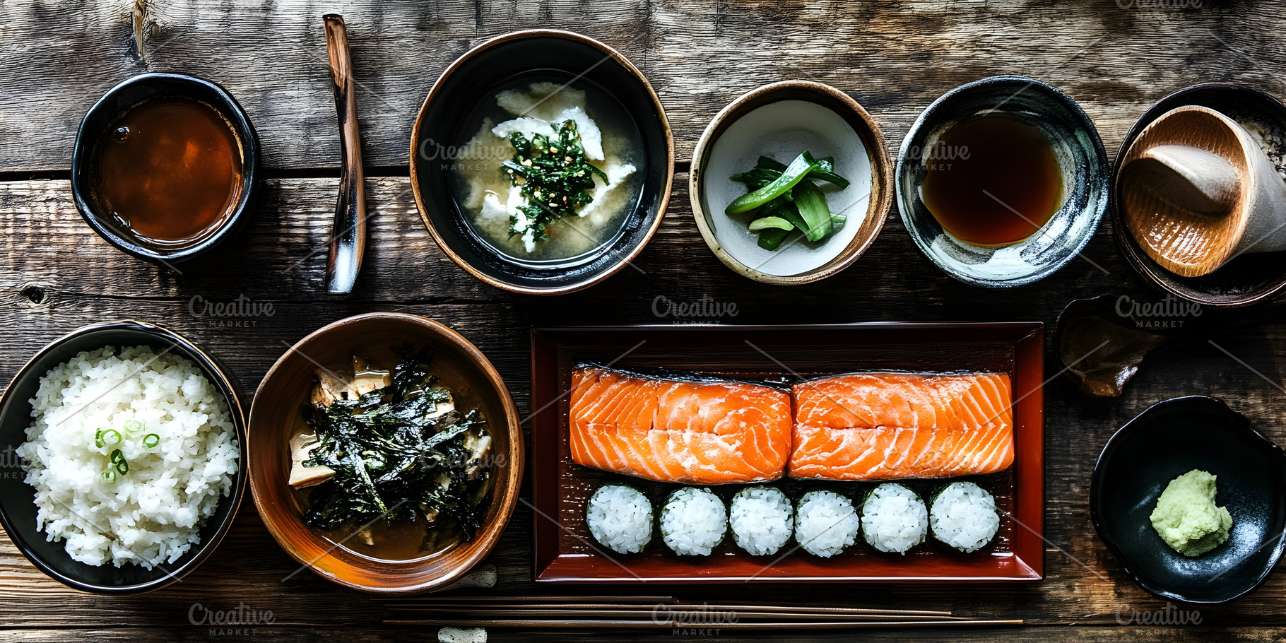Japanese salmon set meal top view, a Food & Drink Photo by Photostock