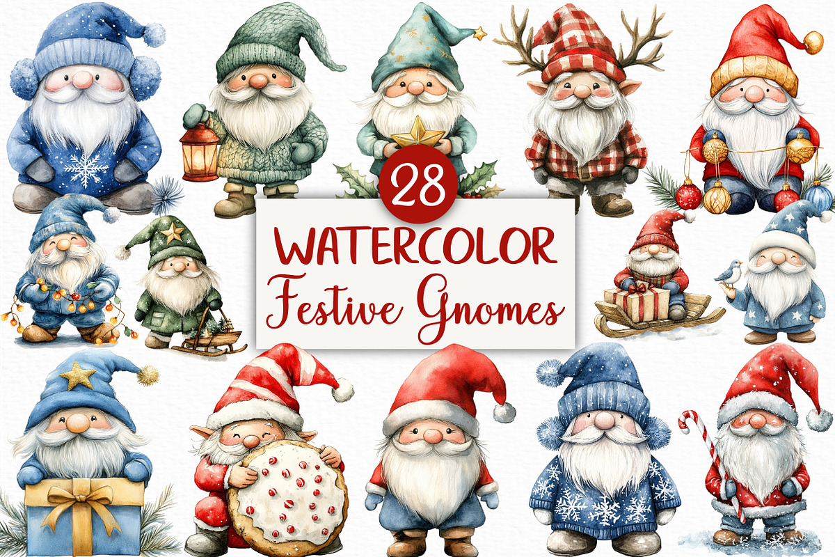 Watercolor Festive Gnomes Collection, an Illustration by Craft Nest (Photo 1 of 6)