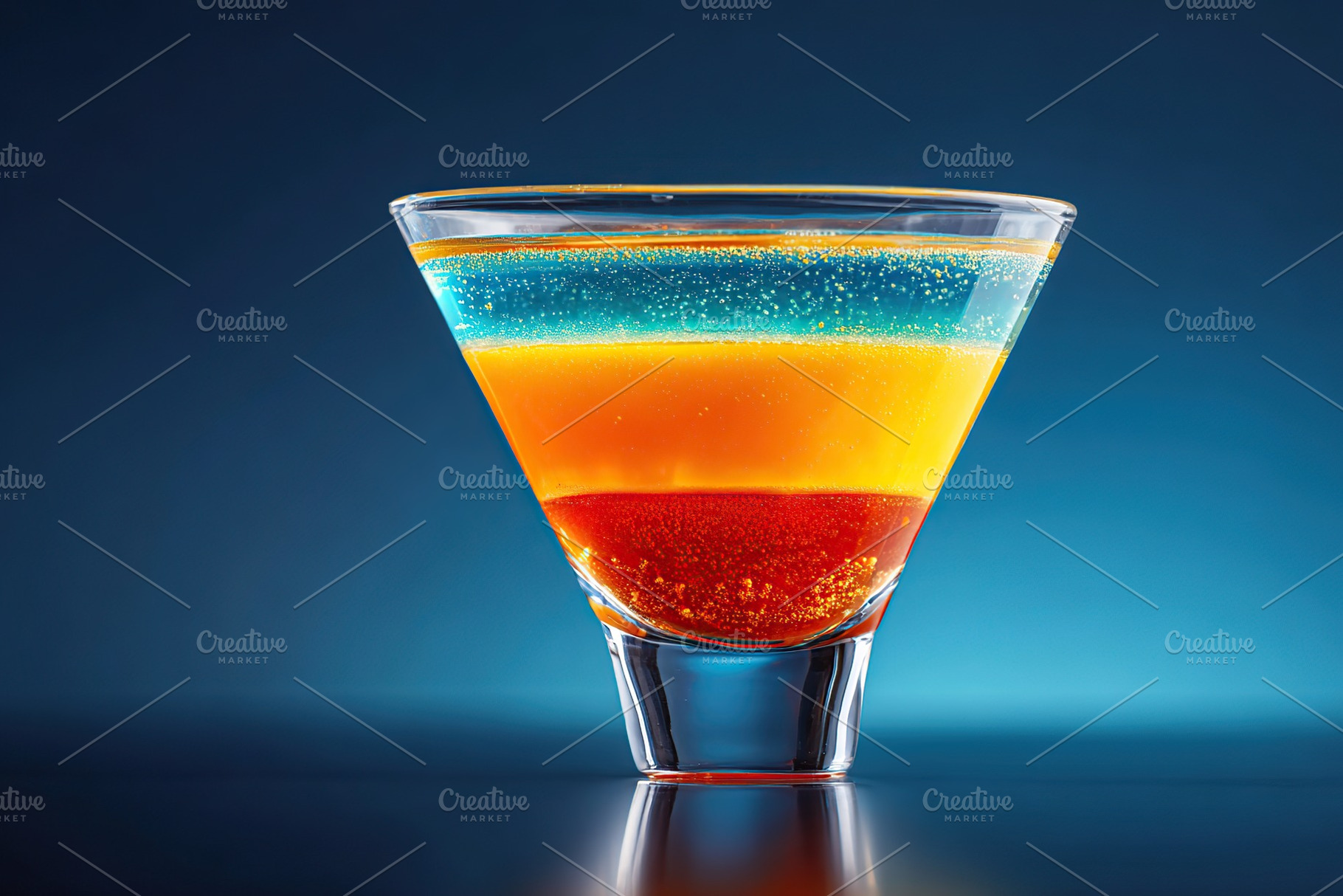 Colorful layered cocktail in a glass on a blue background, a Food & Drink Photo by AlyaAnd