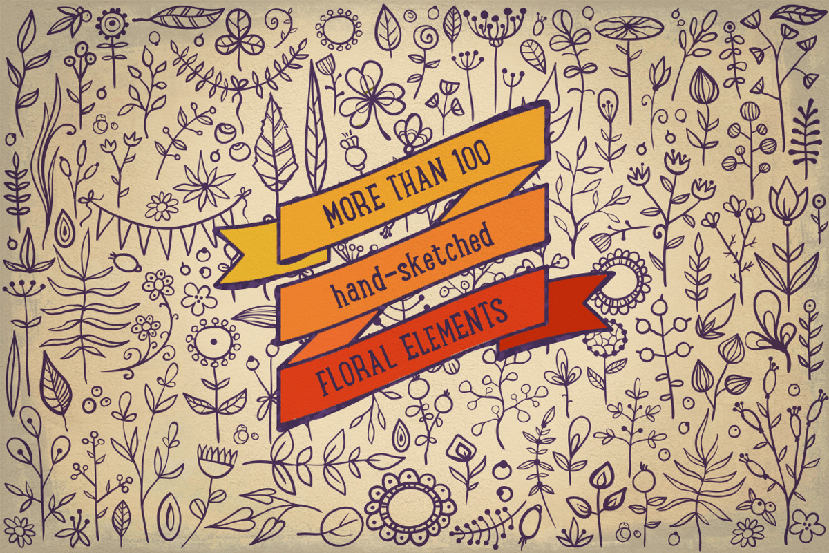 Set of hand-drawn floral elements, a Decorative Illustration by Elena Paletskaya (Photo 1 of 5)