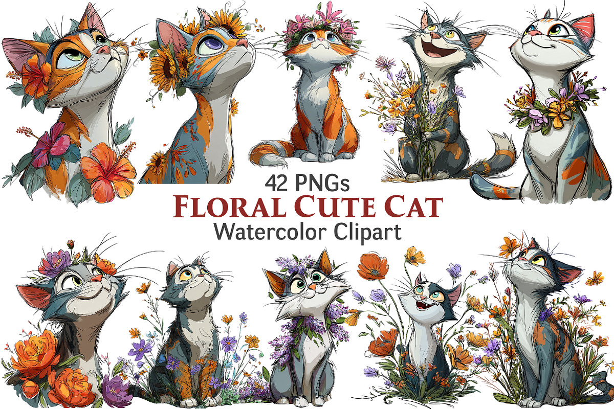 Floral Cute Cat Clipart, an Illustration by Pixels.Craft (Photo 1 of 5)